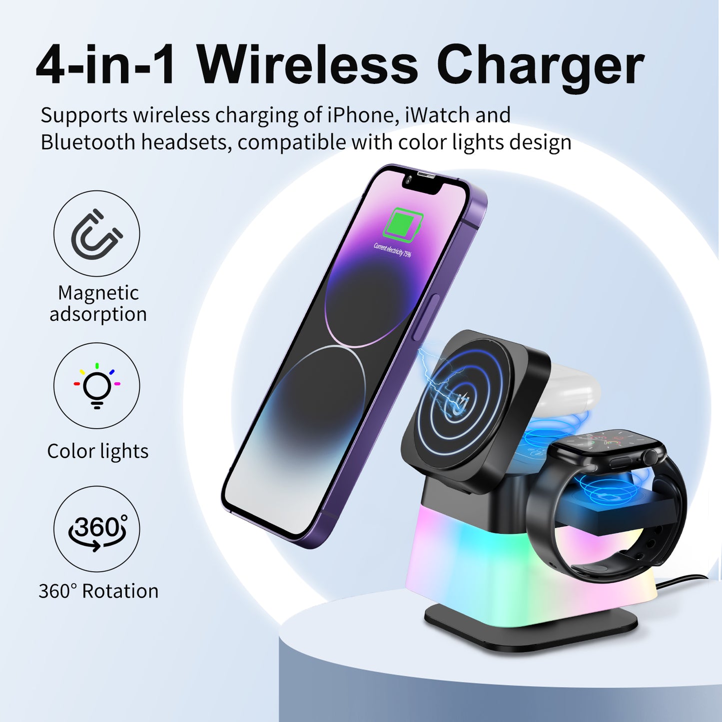 4 in 1 Wireless Charger Stand – Colorful & Rotatable – ElvoHub